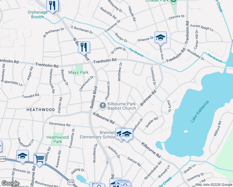 map of restaurants, bars, coffee shops, grocery stores, and more near 1347 Whittaker Drive in Columbia
