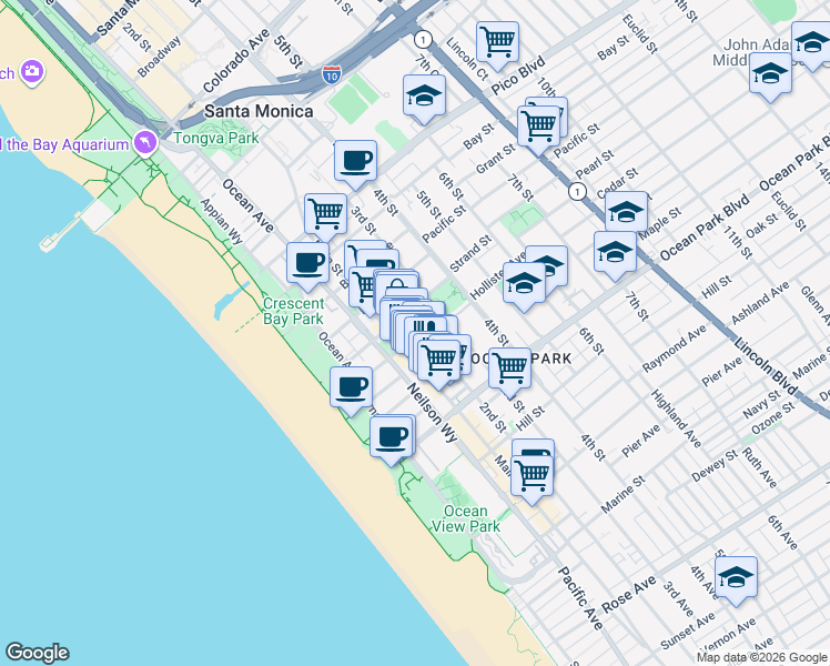 map of restaurants, bars, coffee shops, grocery stores, and more near 239 Hollister Avenue in Santa Monica