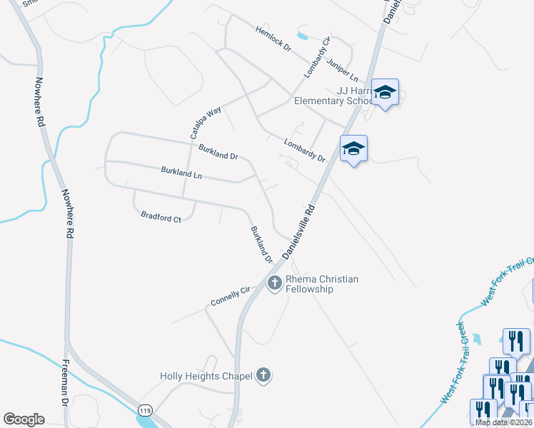 map of restaurants, bars, coffee shops, grocery stores, and more near 175 Burkland Drive in Athens