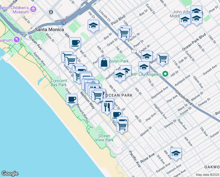 map of restaurants, bars, coffee shops, grocery stores, and more near 2444 4th Street in Santa Monica