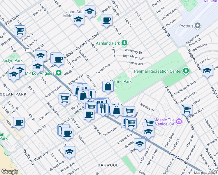 map of restaurants, bars, coffee shops, grocery stores, and more near 1311 Ozone Avenue in Santa Monica