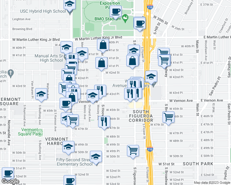 map of restaurants, bars, coffee shops, grocery stores, and more near 637 West 43rd Place in Los Angeles