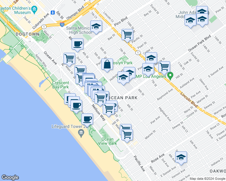 map of restaurants, bars, coffee shops, grocery stores, and more near 2444 4th Street in Santa Monica