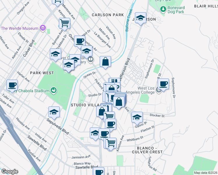 map of restaurants, bars, coffee shops, grocery stores, and more near 5153 Overland Avenue in Culver City