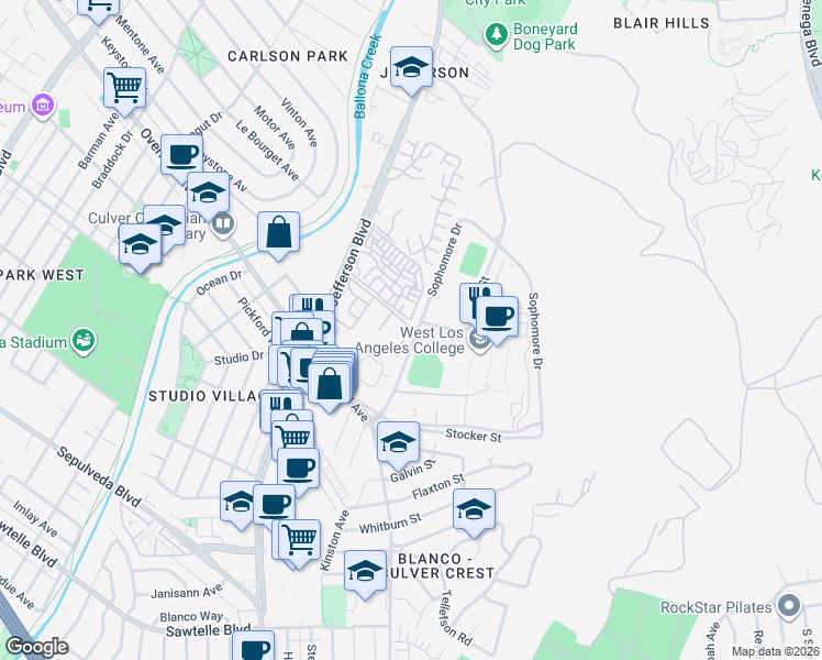 map of restaurants, bars, coffee shops, grocery stores, and more near 9206 Summertime Lane in Culver City