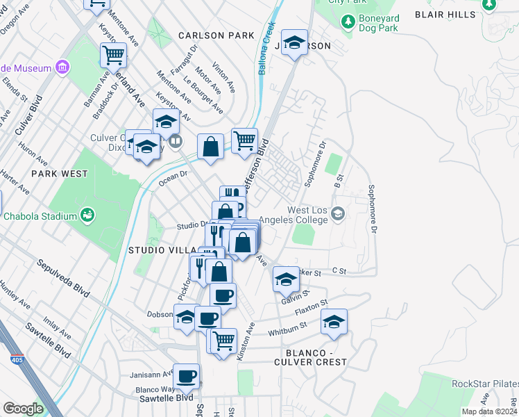 map of restaurants, bars, coffee shops, grocery stores, and more near 12101 Summertime Lane in Culver City