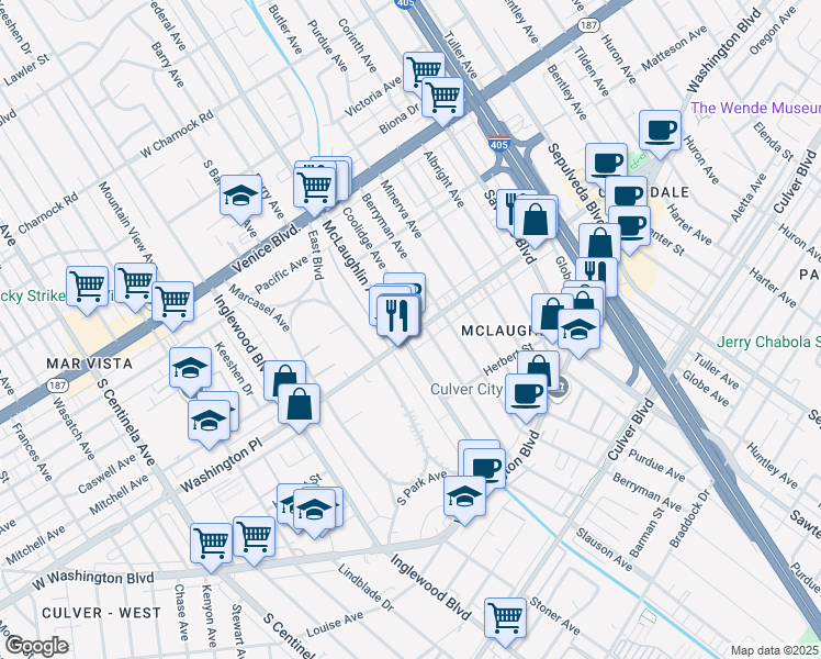 map of restaurants, bars, coffee shops, grocery stores, and more near 11521 Washington Place in Los Angeles