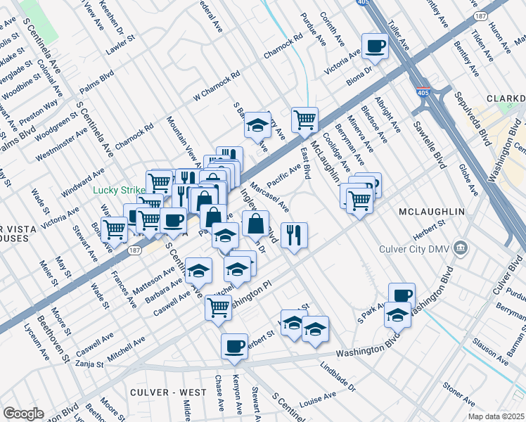 map of restaurants, bars, coffee shops, grocery stores, and more near 3845 Inglewood Boulevard in Los Angeles