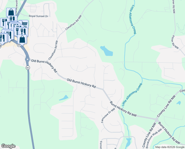 map of restaurants, bars, coffee shops, grocery stores, and more near 158 Hickory Branch Drive in Acworth