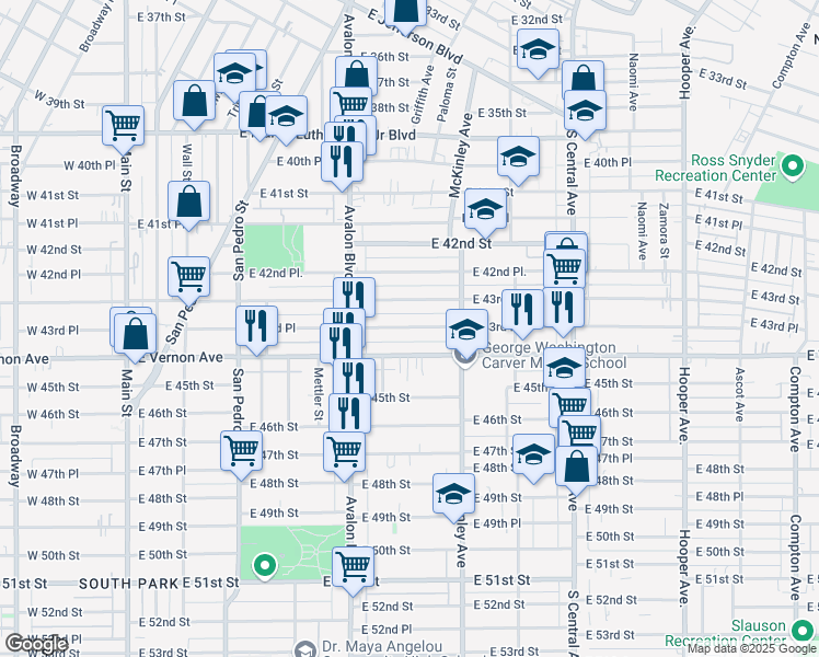 map of restaurants, bars, coffee shops, grocery stores, and more near 720 East 43rd Place in Los Angeles