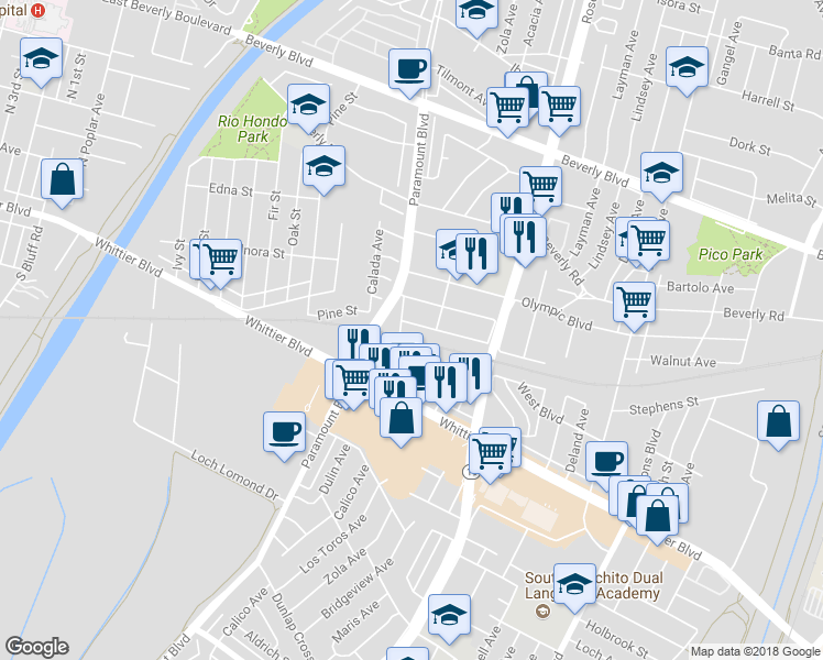 map of restaurants, bars, coffee shops, grocery stores, and more near 8710 Railton Street in Pico Rivera