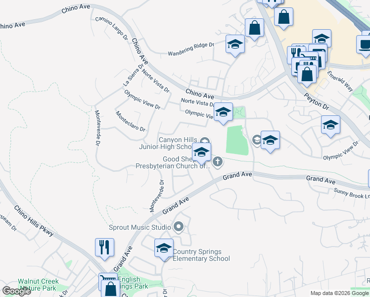 map of restaurants, bars, coffee shops, grocery stores, and more near 2443 Madrugada Drive in Chino Hills