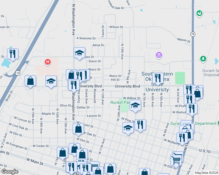 map of restaurants, bars, coffee shops, grocery stores, and more near 1116 West University Boulevard in Durant