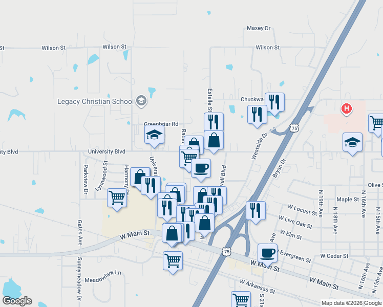 map of restaurants, bars, coffee shops, grocery stores, and more near 3004-3018 West University Boulevard in Durant