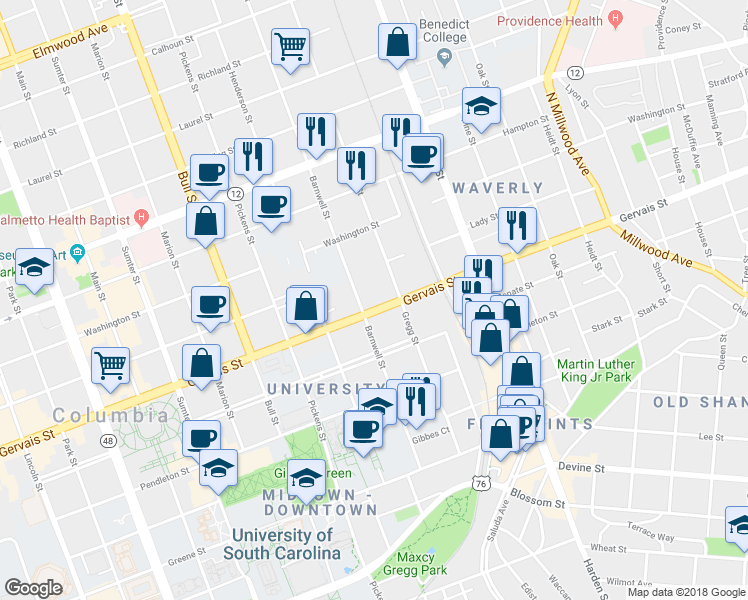 map of restaurants, bars, coffee shops, grocery stores, and more near 1811 Gervais St in Columbia