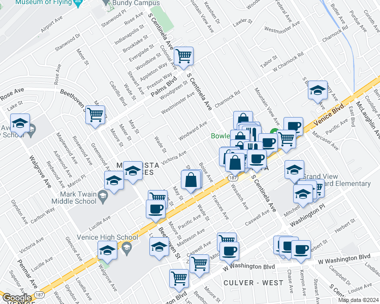 map of restaurants, bars, coffee shops, grocery stores, and more near 3705 Boise Avenue in Los Angeles