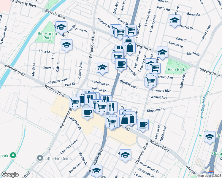 map of restaurants, bars, coffee shops, grocery stores, and more near 8856 Railton Street in Pico Rivera