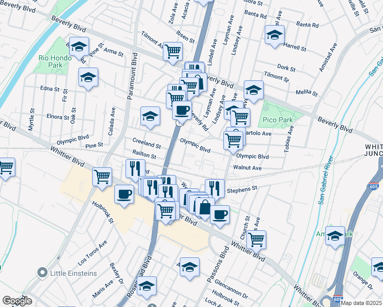 map of restaurants, bars, coffee shops, grocery stores, and more near 4716 Walnut Avenue in Pico Rivera