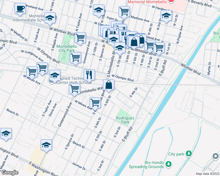 map of restaurants, bars, coffee shops, grocery stores, and more near 712 West Roosevelt Avenue in Montebello
