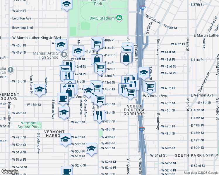 map of restaurants, bars, coffee shops, grocery stores, and more near 637 West 43rd Place in Los Angeles