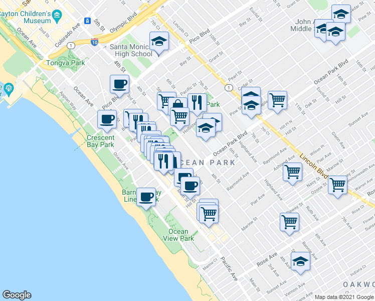 map of restaurants, bars, coffee shops, grocery stores, and more near 2411 3rd Street in Santa Monica