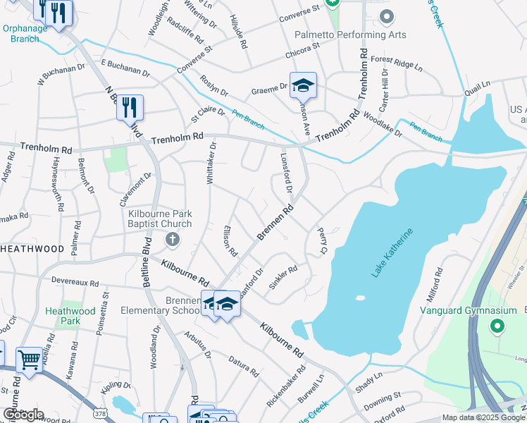 map of restaurants, bars, coffee shops, grocery stores, and more near 4425 Woodside Haven Drive in Columbia