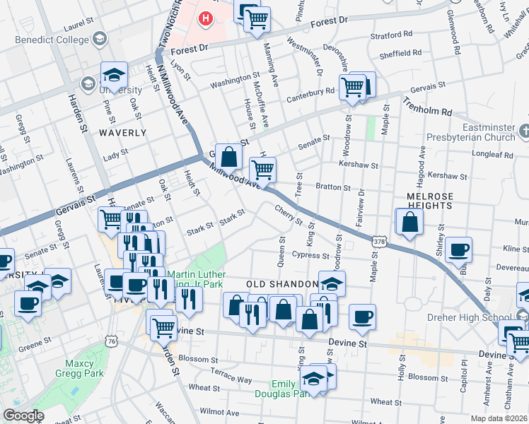map of restaurants, bars, coffee shops, grocery stores, and more near 2549 Cherry Street in Columbia