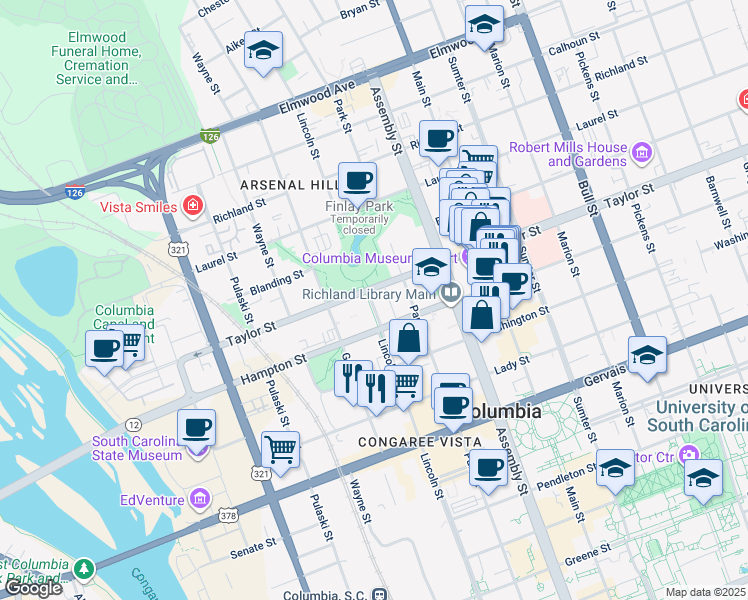 map of restaurants, bars, coffee shops, grocery stores, and more near 900 Taylor Street in Columbia