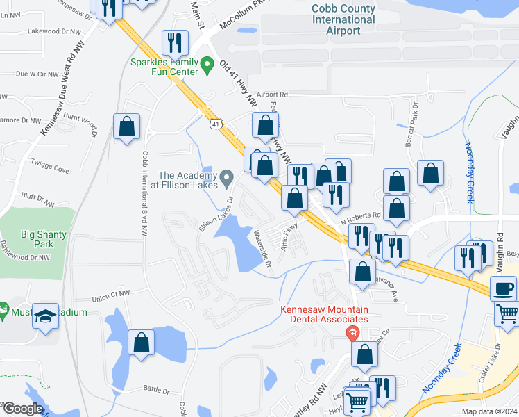 map of restaurants, bars, coffee shops, grocery stores, and more near 1865 Ellison Lakes Court in Kennesaw