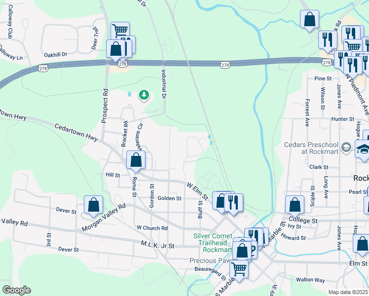 map of restaurants, bars, coffee shops, grocery stores, and more near 131 Highland Drive in Rockmart