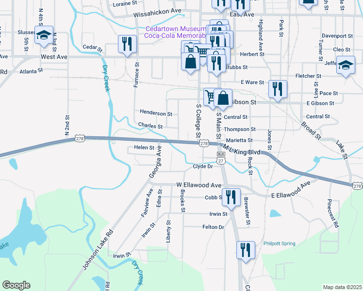 map of restaurants, bars, coffee shops, grocery stores, and more near 235 Canal Street in Cedartown