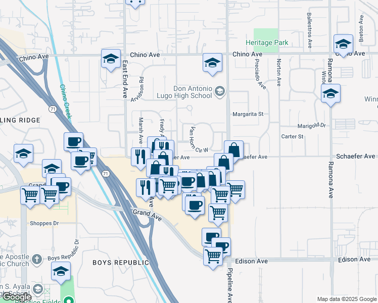 map of restaurants, bars, coffee shops, grocery stores, and more near 3947 Jose Court in Chino