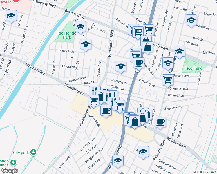 map of restaurants, bars, coffee shops, grocery stores, and more near 8710 Railton Street in Pico Rivera