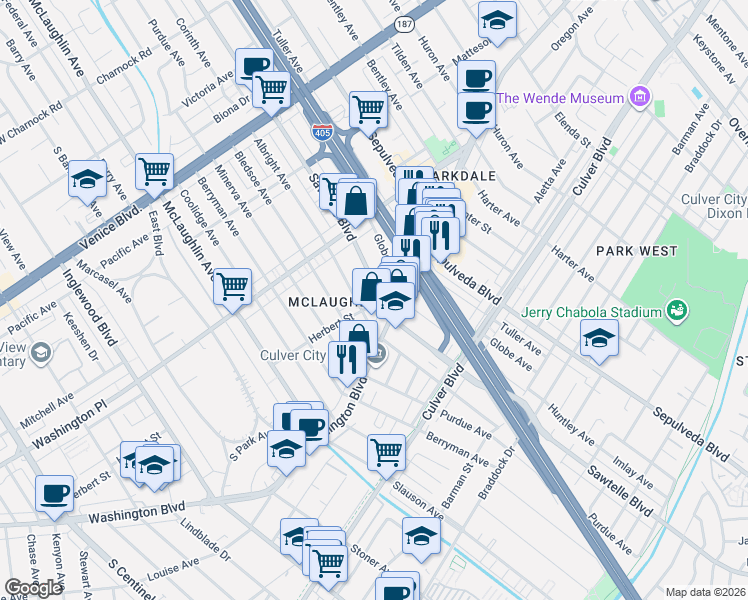 map of restaurants, bars, coffee shops, grocery stores, and more near 4095 Sawtelle Boulevard in Los Angeles