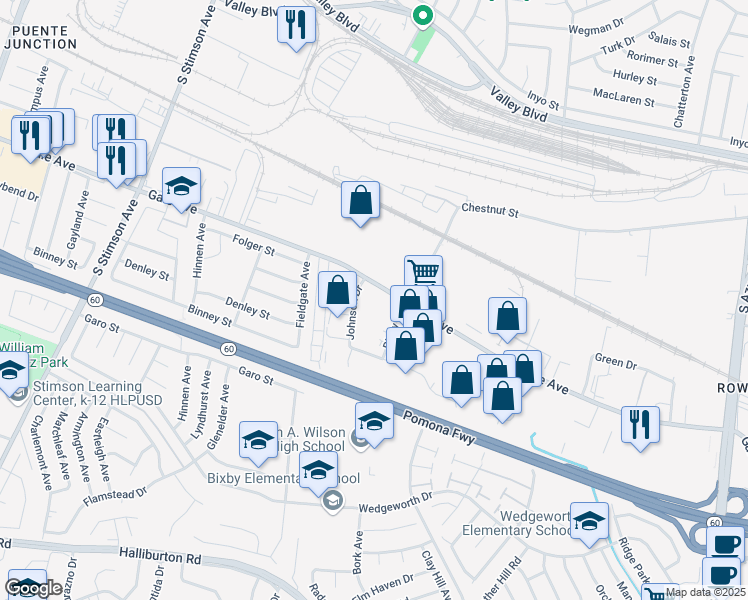 map of restaurants, bars, coffee shops, grocery stores, and more near in La Puente