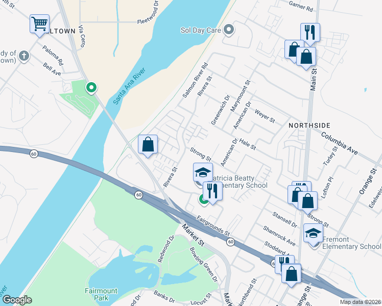 map of restaurants, bars, coffee shops, grocery stores, and more near 4454 Strong Street in Riverside