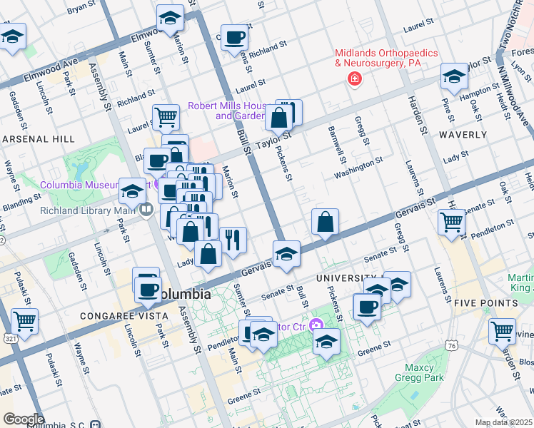 map of restaurants, bars, coffee shops, grocery stores, and more near 1321 Bull St in Columbia