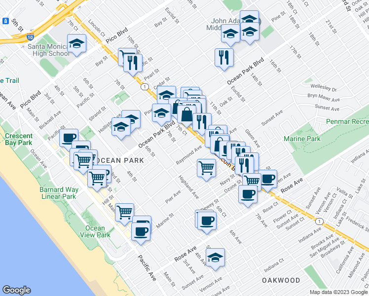 map of restaurants, bars, coffee shops, grocery stores, and more near 708 Hill Street in Santa Monica