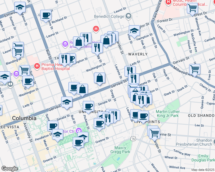 map of restaurants, bars, coffee shops, grocery stores, and more near 1865 Gervais Street in Columbia