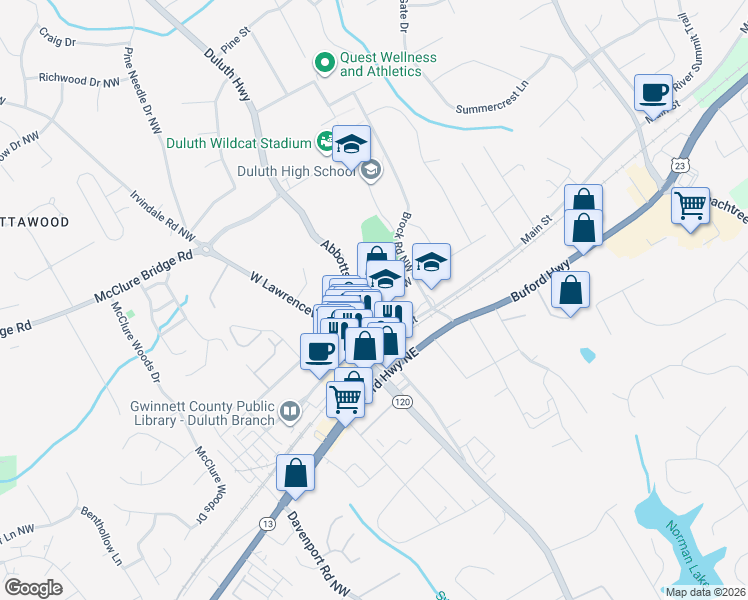 map of restaurants, bars, coffee shops, grocery stores, and more near 3045 Hill Street Northwest in Duluth