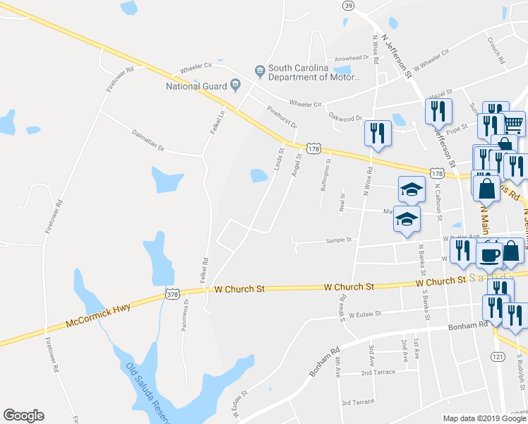 map of restaurants, bars, coffee shops, grocery stores, and more near 117 Linda Street in Saluda