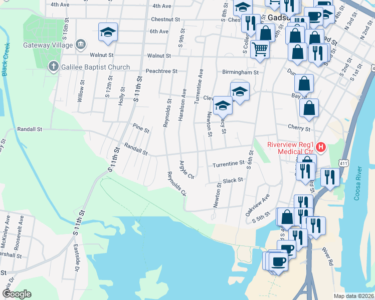 map of restaurants, bars, coffee shops, grocery stores, and more near 631 Turrentine Avenue in Gadsden