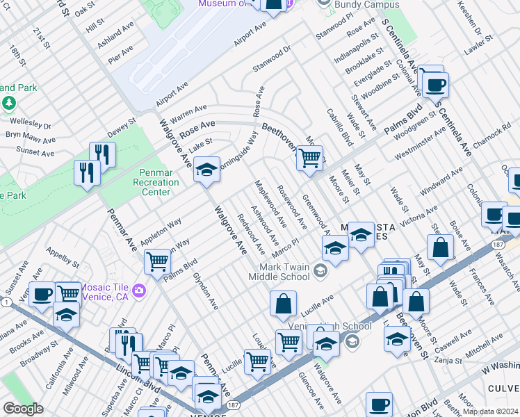 map of restaurants, bars, coffee shops, grocery stores, and more near 3484 Ashwood Avenue in Los Angeles