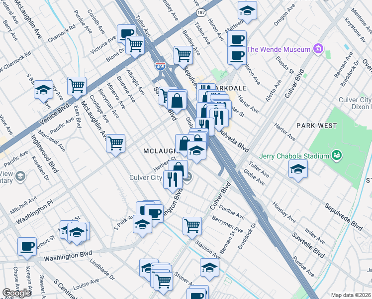 map of restaurants, bars, coffee shops, grocery stores, and more near 4095 Sawtelle Boulevard in Los Angeles