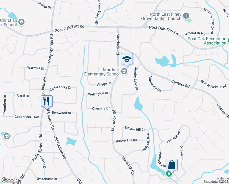 map of restaurants, bars, coffee shops, grocery stores, and more near 2240 Murdock Road in Marietta