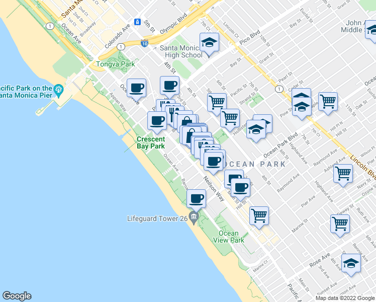 map of restaurants, bars, coffee shops, grocery stores, and more near 2224 Main Street in Santa Monica