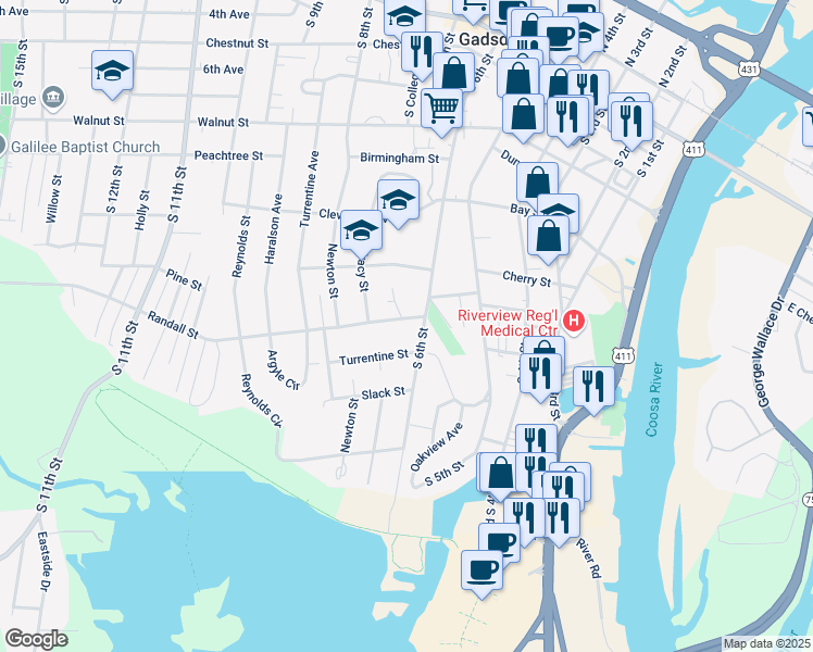 map of restaurants, bars, coffee shops, grocery stores, and more near 606 Randall Street in Gadsden
