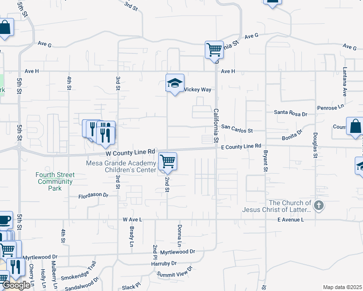 map of restaurants, bars, coffee shops, grocery stores, and more near 34950 County Line Road in Yucaipa