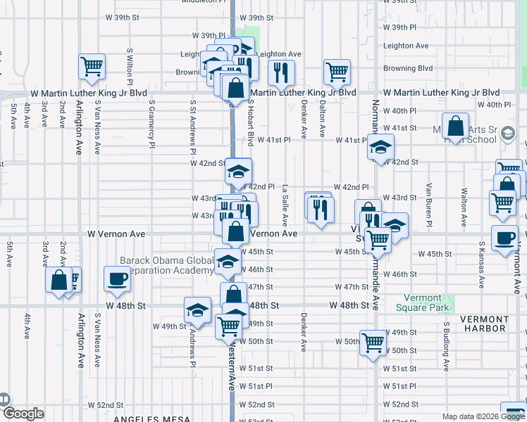 map of restaurants, bars, coffee shops, grocery stores, and more near 4300 South Harvard Boulevard in Los Angeles