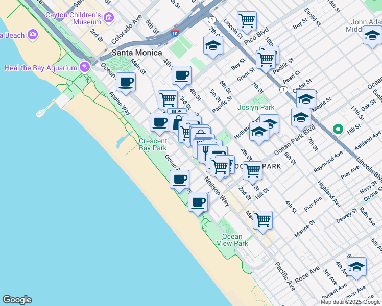 map of restaurants, bars, coffee shops, grocery stores, and more near 2224 Main Street in Santa Monica